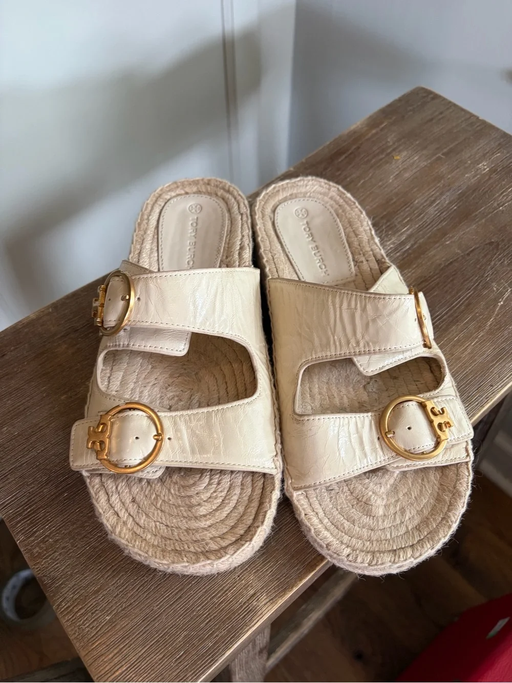 Tory Burch Selby Two Band Espadrille Slides oat gold Leather Size 7 Buckles